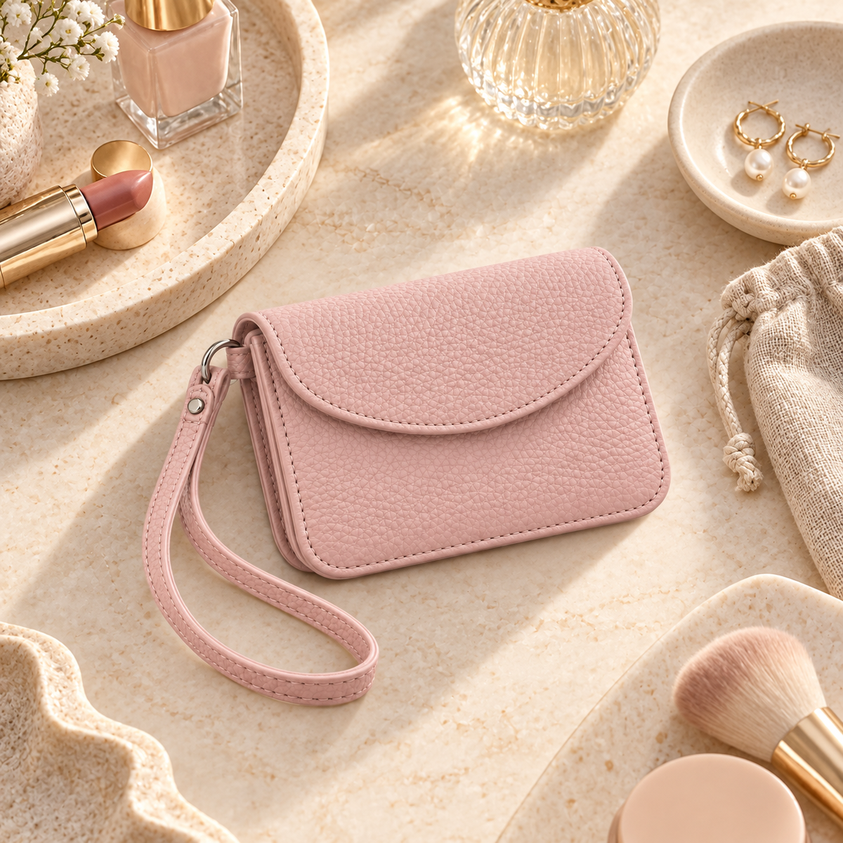 Rounded Flap Wristlet Card Wallet - close up of pebbled leather texture, D-ring and stitching detail