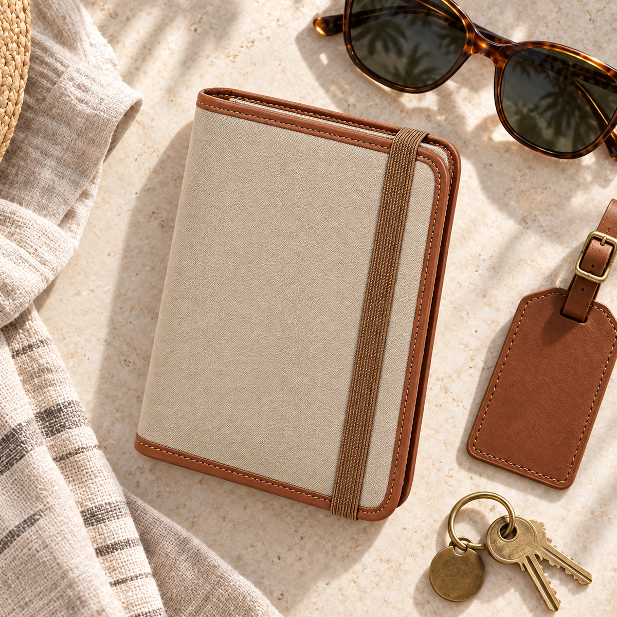 Canvas & Leather Travel Passport Wallet - lifestyle flat lay with sunglasses, luggage tag and keys on sandy surface