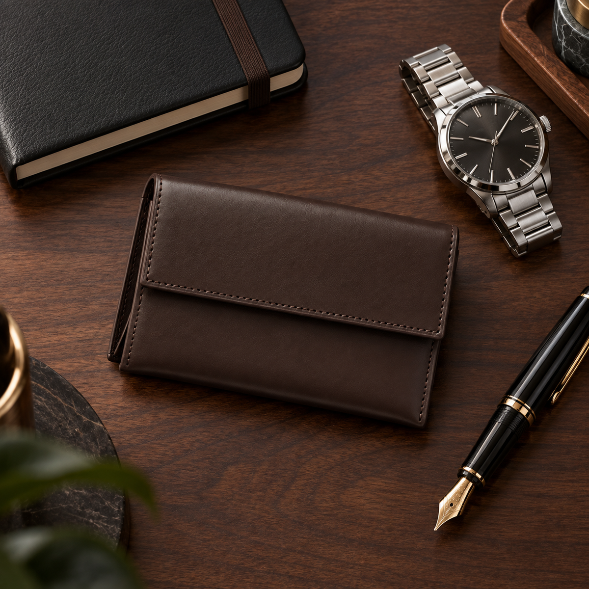 Executive Leather Business Card Holder - open showing two interior pockets loaded with business cards